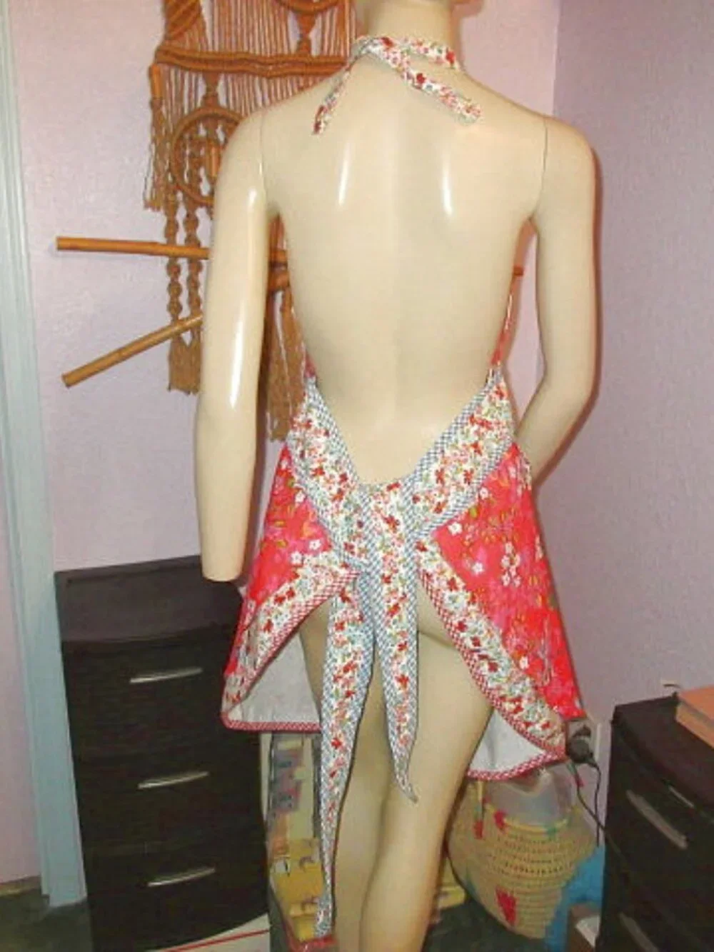 Vtg Coquette Tradwife Pinafore Apron Dress Tie Back Halter Pockets Cottagecore